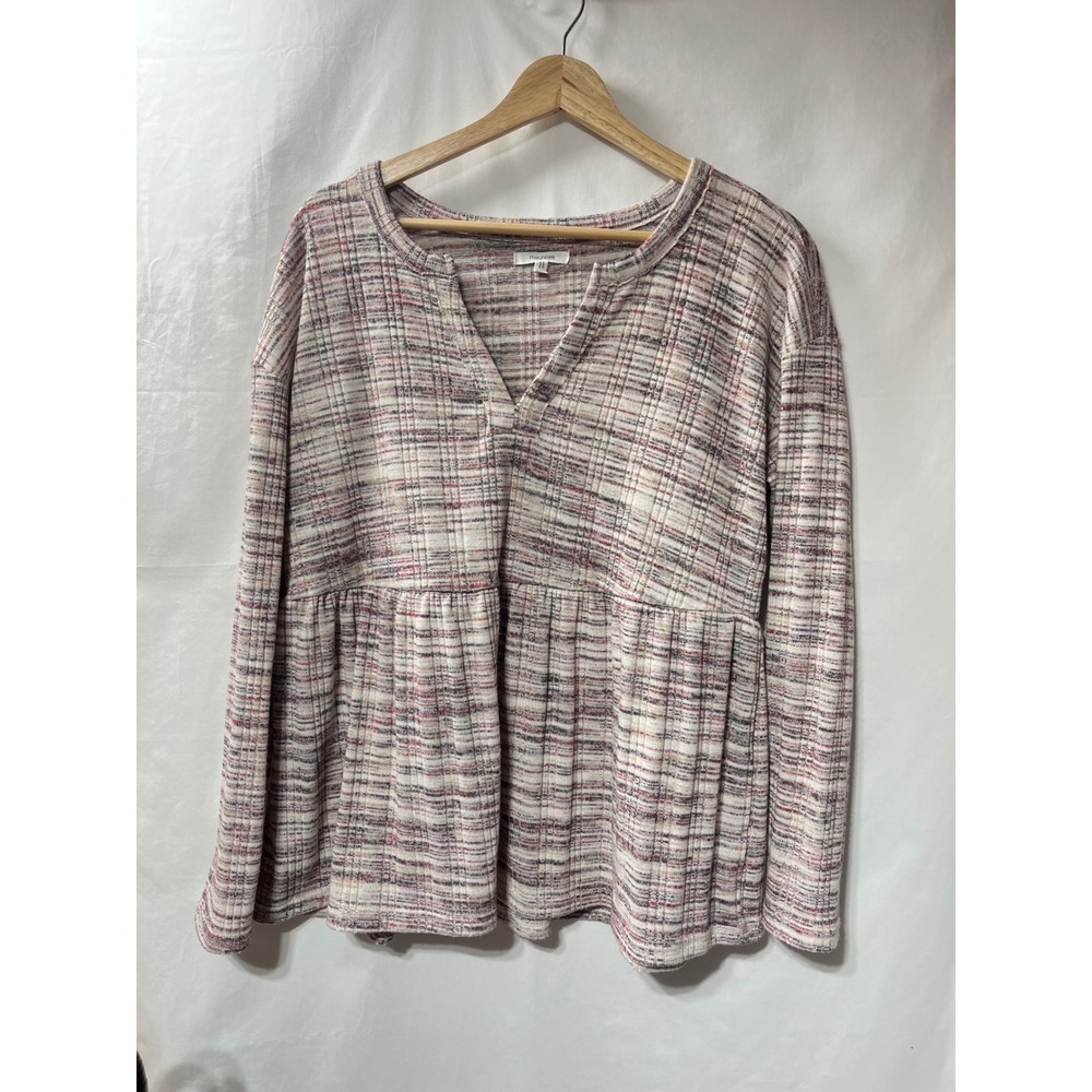Maurices Womens Marled Knit Babydoll Top Long Sleeve Split Neck Burgundy Gray M‎